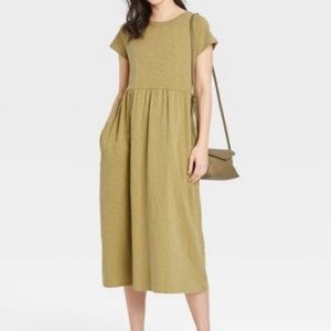 Women's Short Sleeve Babydoll Midi T-Shirt Olive Green Dress - Small